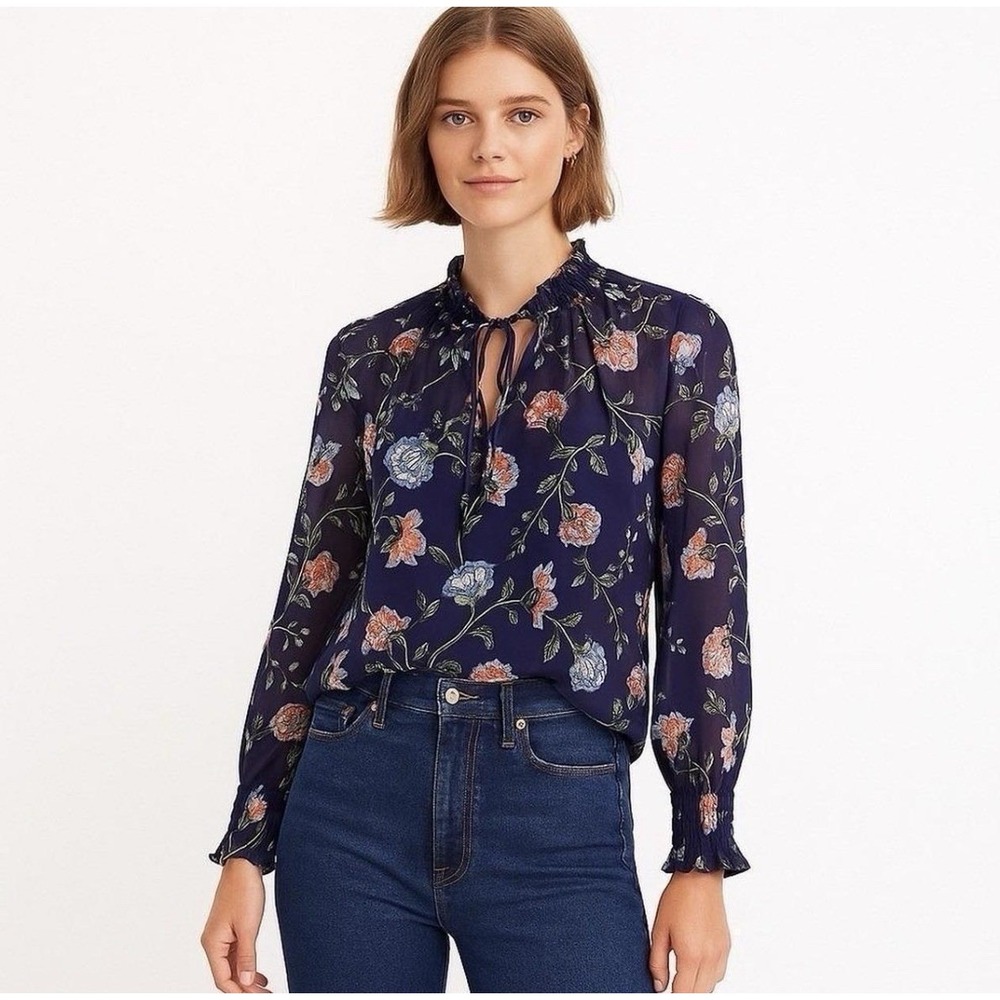 LOFT Navy Blue Floral Ruffle Tie Neck Blouse Chiffon Long Sleeve Top XXS